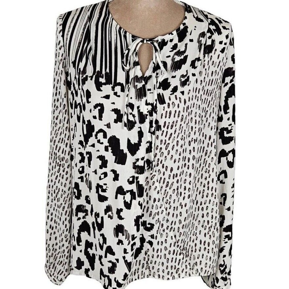 Cabi Faux Wrap Top‎ Womens Medium Black White Animal Print Semi Sheer Office